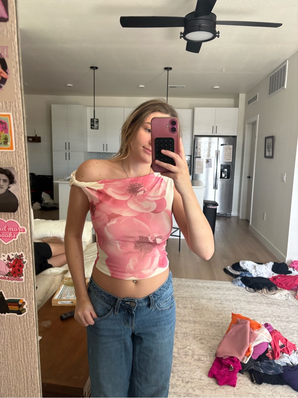 Pink Floral One-Shoulder Cropped Top